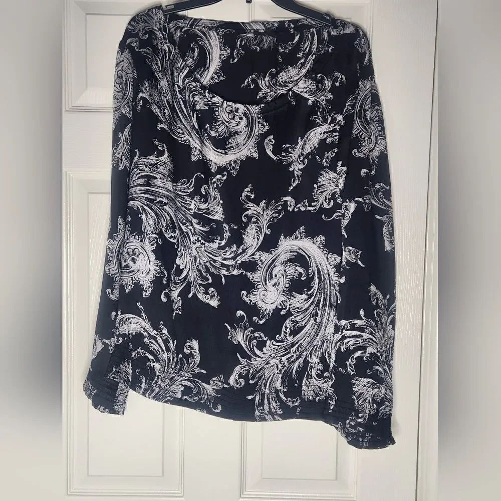 Alfani 16W Black Silver Lslv 100% SILK Round Neck Women's Top Blouse